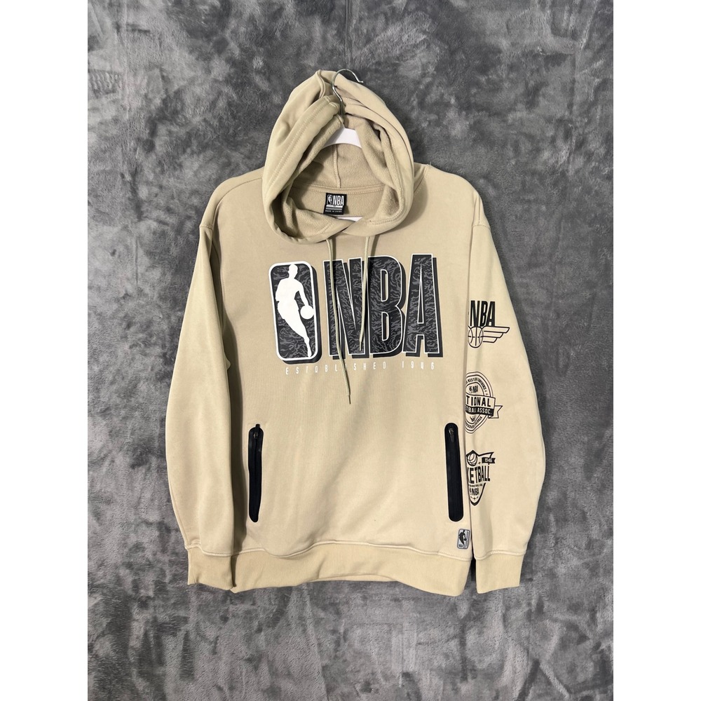 NBA Mens Logo Graphic Hoodie Tan Beige Fleece Lined Sweatshirt Medium